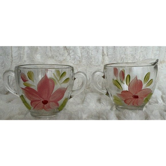 Bartlett Collins Cream & Sugar Set Handpainted Flowers On Clear Glass Vintage - Picture 1 of 12